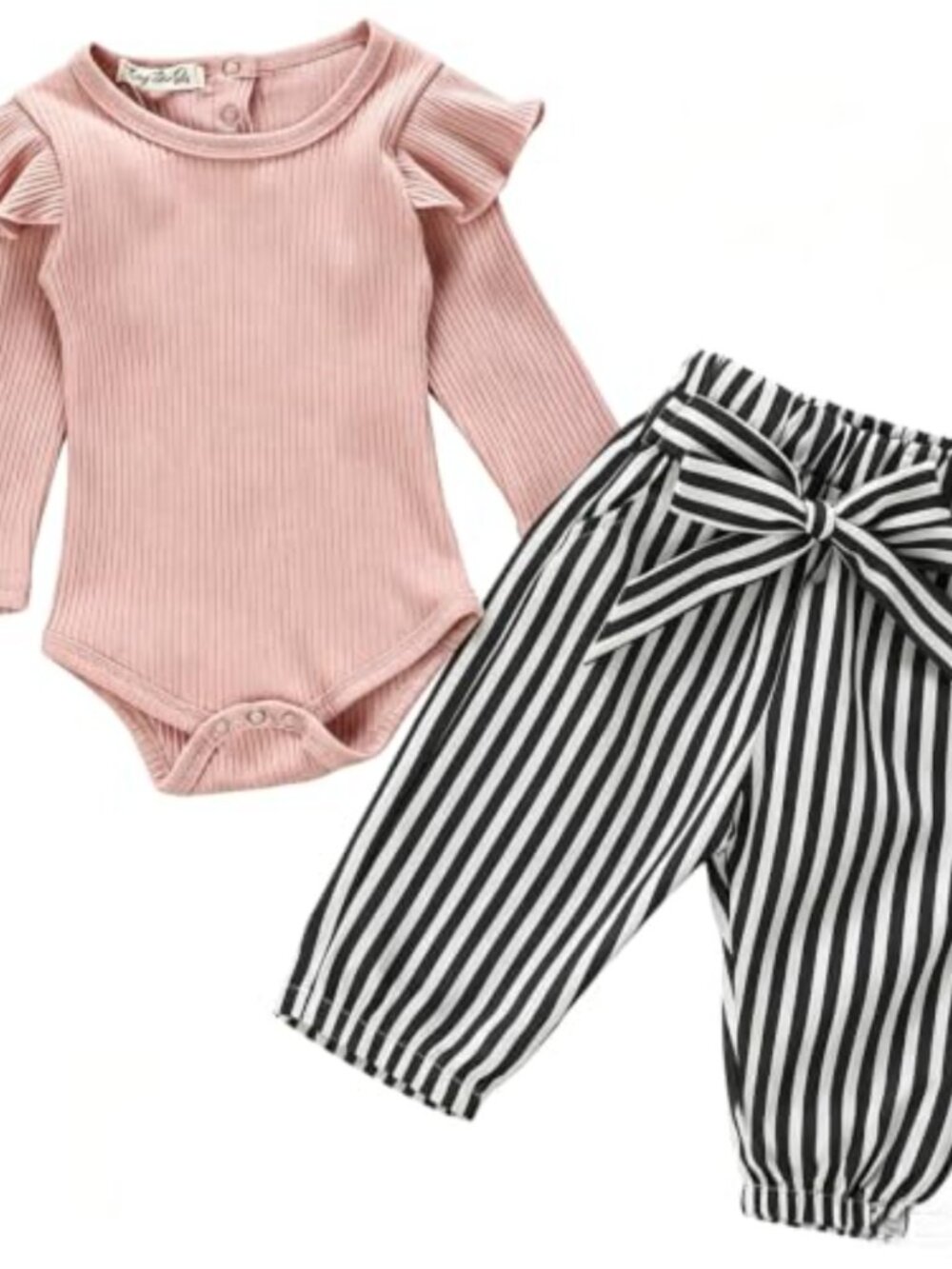 Baby Girl 2 Pc Outfit Ruffle Romper Stripe Pants Set Cotton Blend